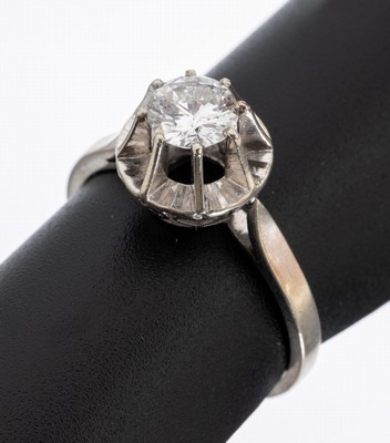 18 kt Gold Brillant-Ring, WG 750/000, Brillant ca. 0.65 ct feines Weiß/vs, RW 56, ca. 3.4 g
