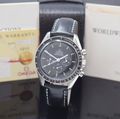 OMEGA Speedmaster Herrenchronograph Referenz 145.0022 in Stahl, Schweiz verk. lt. beil. Pap. 11/1997, Handaufzug, verschr. Geh., orig. Lederband m. ...