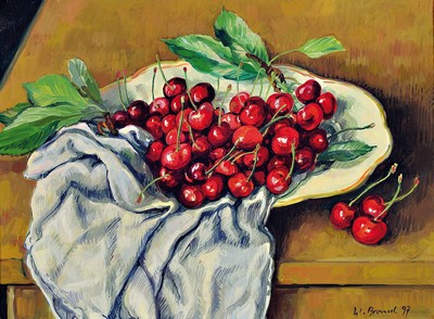 Werner Brand, geb. 1933, Stillleben mit Kirschen, Öl/Lwd., signiert re. u. und dat. 97, ca. 30 x 40 cm, 41.5 x 51.5 cm, Rahmen l. best.