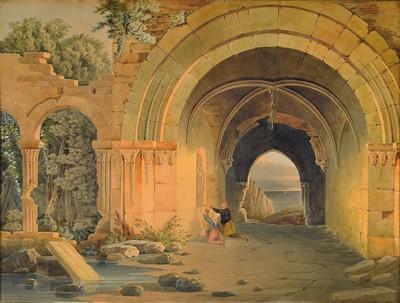A. Caizac, franz. Aquarellist, tätig zwischen 1820 und 1844, Klosteranlage am Meer, Aquarell auf Papier, signiert und dat. 1826, ca. 48x65cm, u.Gl., ...
