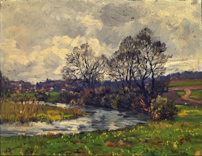 Wilhelm Donaubauer, 1866 Ingolstadt-1949 Fürstenfeldbruck, 3 Arbeiten: Auenlandschaft mit Bachlauf und Ort im Hintergrund, Öl/ Malkarton, links ...