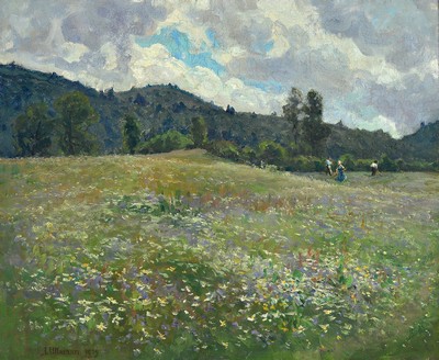 Julius Ullmann, 1861 Linz-1918 Salzburg, Bauern beim Mähen einer Wiese, Öl/Lwd, links unten signiert und dat. 1909, ca. 70x84cm, R. ca. 81x97cm