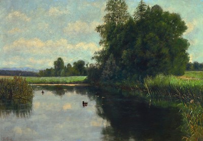 T. v. Grote, Maler der ersten Hälfte des 20. Jh., Baum bestandener Teich mit Enten in weiter Landschaften, Öl/Lwd, links unten sign., ca. 66x92cm, ...
