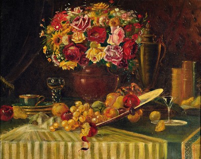 Unbekannter Künstler, wohl deutsch, 1. Hälfte 20. Jh., Tisch-Stillleben mit Blumen, Obst und Geschirr, Öl/Lwd, unsign., ca. 42x52cm, Keilrahmen ...