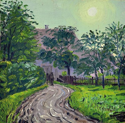 Jakob Bräckle, 1897 Winterreute-1987 Biberach, Weg durch einen Zaun zu einem Gutshof, Öl/Malkarton, links unten signiert und dat. 35, ca. 16x16cm, ...