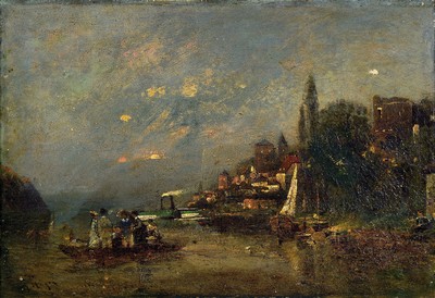 Prof. Theodor Hagen, 1872 Düsseldorf - 1919 Weimar, südliche Landschaft, wohl Oberitalienische Seen Ansicht, im Vordergrund Personen im Ruderboot, ...