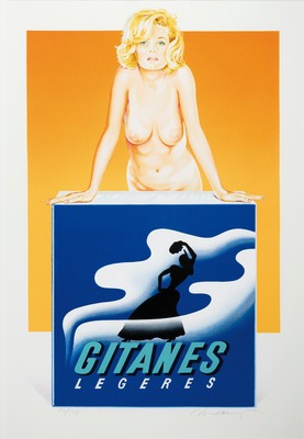 Mel Ramos, 1835 Sacramento-2018 Oakland, Gitanes, Farblithographie auf Velin, handsign. und num. 37/199, ca. 66.5x43cm, u.Gl., R. ca. 91x67cm, WVZ ...