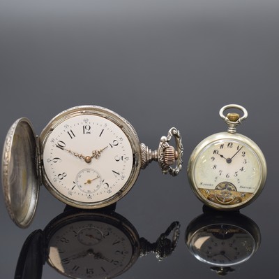 HEBDOMAS 8-Tage Taschenuhr und eine Savonette, Schweiz um 1905/1915, 1) Hebdomas offene Taschenuhr m. grav. Rückdeckel, Zifferbl. riss., arab. ...
