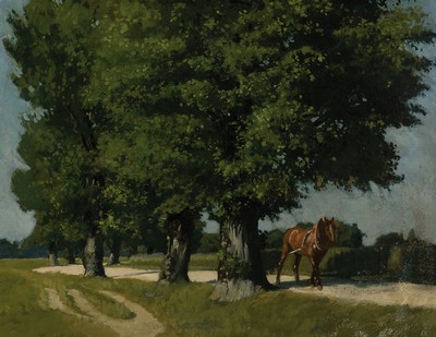 Max Barascudts, 1869 St.Denis-1927 München, Arbeitspferd auf Baum bestandenem Weg, Öl/Malkarton, leicht gewölbt, rückseitig signiert, ca. ...