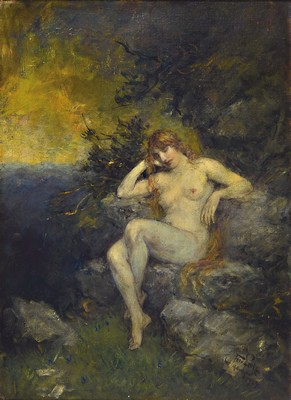 Ferdinand Leeke, 1859 Burg bei Magdeburg - 1937 Nürnberg, sitzende Nymphe in Waldlandschaft, Öl/Lwd., re. u. signiert und dat. München 1929, 60 x ...