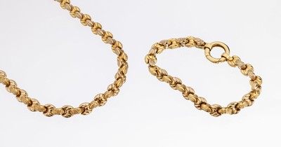 18 kt Gold Schmuck Set, GG 750/000, best. aus: Collier und Armband, strukt. und sat., L.ca. 18 und 45 cm, Federringschließe, ca. 62.1 g