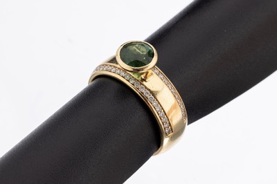 18 kt Gold Turmalin-Brillant-Ring, GG 750/000, rundfacett. Turmalin ca. 1.33 ct, 48 Brillanten zus. ca. 0.28 ct Weiß/si, RW 54, ca. 8.1 g
