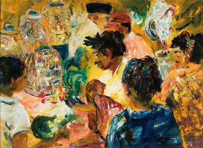 Fred Brosius, 1917 Frankfurt - 2004,, Studium Frankfurt, ab 1948 eigene Kunstschule in Frankfurt, figurenreiche Darstellung vor dem Hahnenkampf in ...