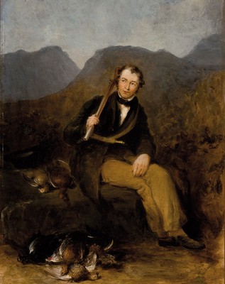 Samuel Eglington, erwähnt 1830 - 1855, sitzender Jäger bei der Fasanenjagd, spätromantische Gebirgslanschaft, Öl/Pappe, feine lasierende Malerei, ...