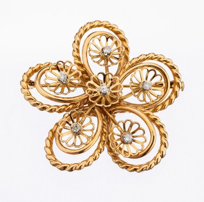 18 kt Gold Brillant-Brosche, GG 750/000, in Form einer Blüte, Kordelverzierung, 6 Brillanten als Blütenstempel zus. ca. 0.18 ct Weiß/si, ca. 9.8 ...