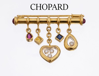 18 kt Gold CHOPARD Brillant-Farbstein-Brosche, GG 750/000, länglicher Stab mit bewegl. Abhängungen, 1 Herz und 1 Tropfen mit insg. 4 bewegl. hinter ...