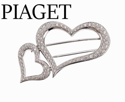 18 kt Gold PIAGET Brillant-Brosche "Herzen", WG 750/000, 2 Herzen, 95 Brillanten zus. ca. 0.80 Weiß/si, ca. 4 x 2.5 cm, ca. 14.2 g, sign. ...