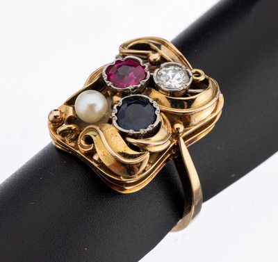 14 kt Gold Farbstein-Ring, GG 585/000, Idar-Oberstein 1960er Jahre, rundfacett. Saphir und Rubin zus. ca. 1.10 ct, Zuchtperle,Altschliffdiamant in ...