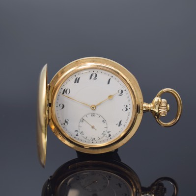Herrensavonette in GG 585/000, Schweiz um 1910, glattes Geh. dell., Metallcuvette, Emailzifferbl. m. arab. Zahlen bei 1 l. besch., gold. Zeiger, kl. ...