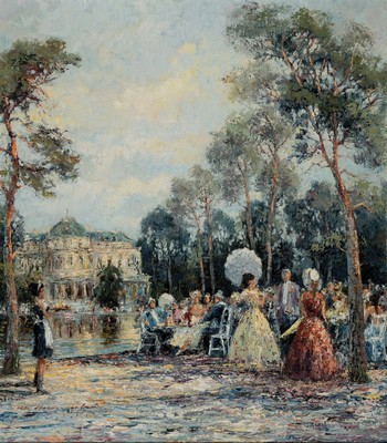 Christian Stemmeler, geb. 1928, Sommerliche Gesellschaft im Schloßpark, Öl/Lwd, links unten signiert, ca. 80x70cm, R. ca. 91x81cm