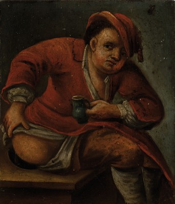 Unbekannter Künstler, Ende 18. Jh.,, auf Kupfer gemalt, beim Nachtgang mit weinkrüglein, leicht beschädigt, ca. 14.3 x 14.3 cm