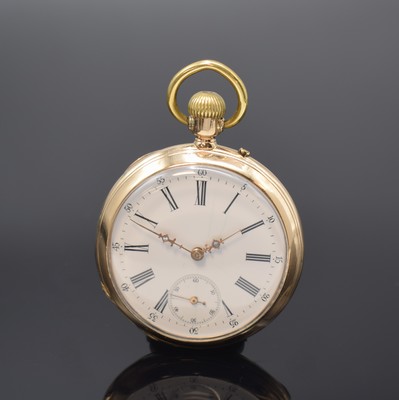 Offene Taschenuhr in RoseG 585/000, Schweiz um 1905, Geh. dell., guill. Rückdeckel m. Monogrammspiegel, Metallcuvette, Emailzifferbl. riss., röm. ...