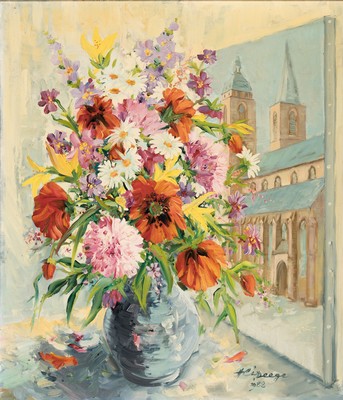 Heiner Deege, 1920-2007 Haßloch, Blumenstillleben vor einem Gemälde der Stiftskirche in Neustadt, Öl/Lwd, rechts und dat. 1988, ca. 70x60cm, R. ...