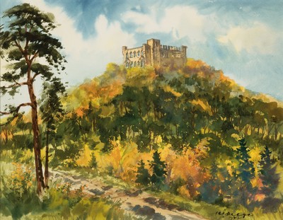 Heiner Deege, 1920-2007 Haßloch, 2 Aquarelle: Herbst am Hambacher Schloß, Aquarell, rechts unten sign. und dat. 1977, ca. 54x68cm, PP, u.Gl., R. ...