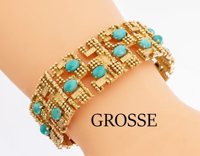 18 kt Gold GROSSE Türkis-Armband, GG 750/000, Deutschland 1967, schwere qualitätvolle Verarbeitung, Dekor mit Goldkugeln, ovale Türkis-Cabochons ...