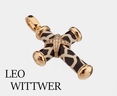 18 kt Gold LEO WITTWER Brillant-Email Kreuzanhänger, RoseG 750/000, braun und cremefarb. emaill., pol., gekreuztes Element mit Brillanten zus. ca. ...