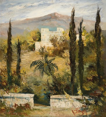 Karl Philipp Spitzer, 1887-1954 Speyer, Landschaft bei Taormina, Öl/Hartfaser, links unten betitelt Taormina, rechts unten signiert, ca. 100x90cm, ...