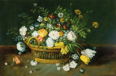 James Mazan, zeitgen. us-amerikanischer Traditionalist, üppiges Blumenstillleben im Weidenkorb, Öl/Lwd, rechts unten sign., ca.60x90cm, R. ca. ...