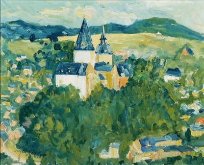 Gerhard Becker, zeitgen. Maler aus Schwarzenberg, Blick auf Kirche und Schloß Schwarzenberg von der Ostseite gemalt, so rückseitig beschreiben, ...