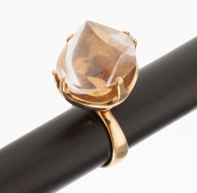Außergewöhnlicher 14 kt Gold HANS HANSEN Bergkristall-Ring, Dänemark 1960er-70er Jahre, GG 585/00, hoch aufgebauter Ringkopf, Bergkristall im ...