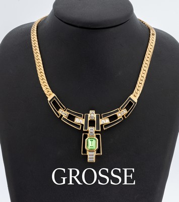 GROSSE Collier, Metall vergoldet, 1960er -70er Jahre, Art Deco Stil, geometrisches Mittelteil mit schwarzem Hartlack, Strasssteine in versch. ...