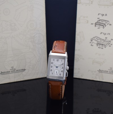 Jaeger-LeCoultre Reverso Memory Referenz 255.8.82 in Stahl, Schweiz um 2000, Handaufzug, um 180 Grad drehb. Wendegeh., orig. Lederband m. Faltschl., ...
