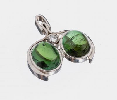 Außergewöhnlicher Platin Turmalin-Brillant- Anhänger, Pt 950, 2 ovale Verdelith- Cabochons zus. ca. 5.0 ct, 1 Brillant ca. 0.25ct Weiß/si, ca. ...