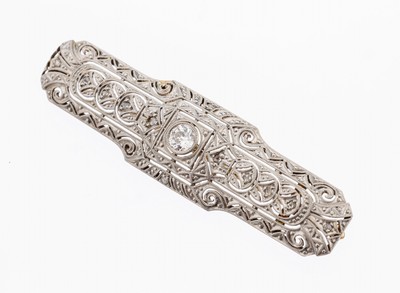 14 kt Gold Art Deco Diamant-Brosche, um 1920, GG 585/000, schauseitig Platin, durchbrochen gearbeitet, Millegriffverzierung,mittig Altschliffdiamant ...