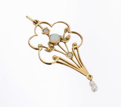 18 kt Gold Opal-Perl-Anhänger, um 1900, GG 750/000, feine Ausführung, floral, 3 kl. rundeOpal-Cabochons, kl. bewegl. abgehängte barockePerle, ca. ...