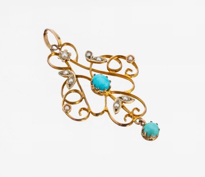 9 kt Gold Türkis-Perl-Anhänger, um 1900, GG375/000 gepr., wohl England, floral, geschwungen, kl. Türkis-Cabochons und kl. Flussperlen, ca. 4.5 x ...
