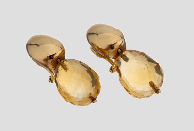 Paar 18 kt Gold Citrin-Ohrclips, GG 750/000, schlicht, bewegl. facett. Citrin- Pampelabhängung zus. ca. 15.00 ct, ca. 15.4 g