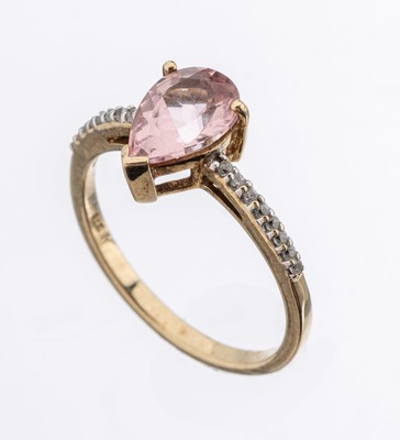 9 kt Gold Morganit-Saphir-Ring, GG 375/000,facett. Morganittropfen ca. 0.60 ct, Ringschultern mit 16 rundfacett. weiße Saphirezus. ca. 0.20 ct, RW ...