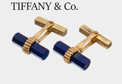 Paar 14 kt Gold TIFFANY & Co. Manschetten - knöpfe, GG 585/000, oktogonale Lapislazulistangen, ca. 11.7 g