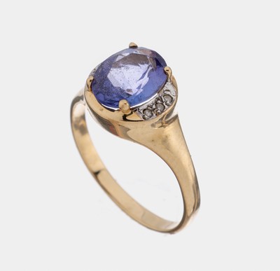 14 kt Gold Tansanit-Diamant-Ring, GG 585/000, ovalfacett. Tansanit ca. 2.00 ct, 6 in WG gefasste Diamanten zus. ca. 0.06 ct Getönt/si, ca. 3.3 g, ...