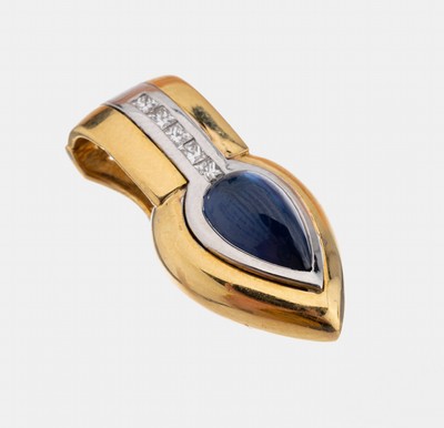 18 kt Gold Saphir-Diamant-Clipanhänger, GG/WG 750/000, tropfenf. Saphir-Cabochon ca. 3.39 ct, Princess-Cut Diamanten zus. ca. 0.21 ct Weiß/si, ca. ...