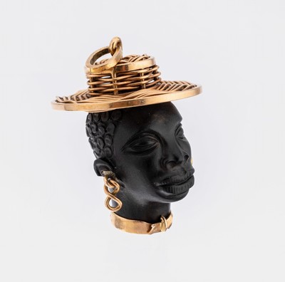14 kt Gold Anhänger, RG 585/000, Kopf vollplastisch aus Onyx gefertigt, Hut aus geflochtenem Golddraht, Ohrringe bewegl., L. ca. 4 cm, ca. 17.4 g