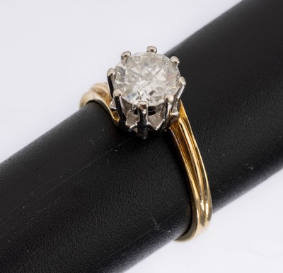 14 kt Gold Brillant-Ring, GG/WG 585/000, Brillant ca. 1.28 ct l.get.Weiß/p2, ca. 3.2 g,RW 54.5