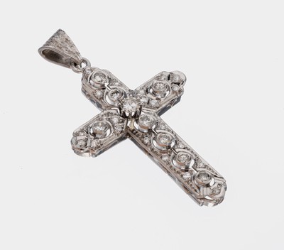 14 kt Gold Brillant-Kreuzanhänger, WG 585/ 000, Brillanten zus. ca. 0,80 ct Weiß/si, total ca. 6,9 g, L. ca. 5 cm