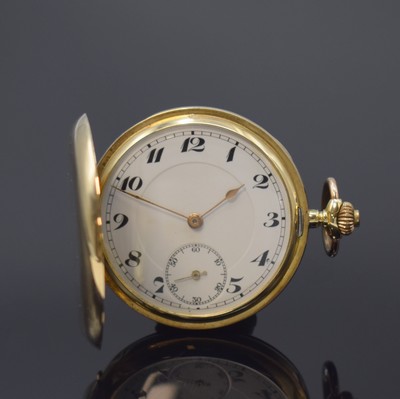 Savonette Taschenuhr in GG 585/000, Schweiz um 1915, glattes Geh. dell., Metallcuvette, Emailzifferbl. m. arab. Zahlen, gold. Zeiger, kl. Sek. b. 6, ...