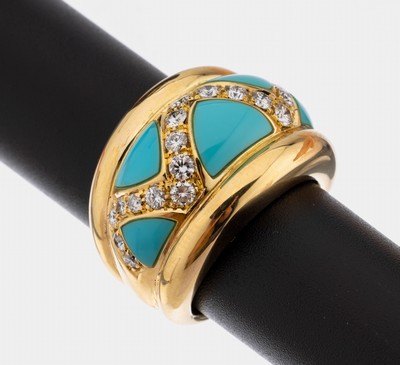 18 kt Gold Türkis-Brillant-Ring, GG 750/000, Türkiscabochons in Triangelform, Brillanten zus. ca. 1.0 ct Weiß/si, massive Ausführung, ...